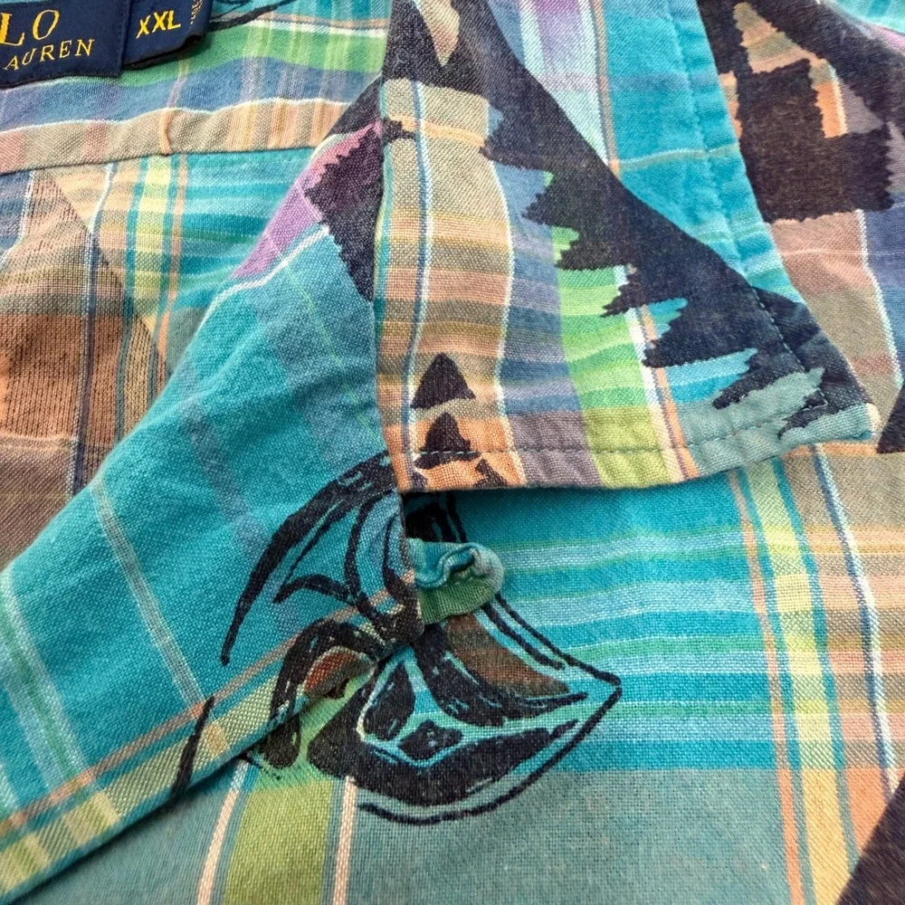 Polo Ralph Lauren Shirt XXL Southwestern Tribal Fish Plaid Camp Turquoise